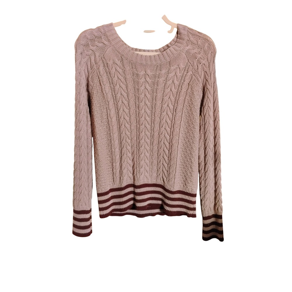 Olive & Oak Womens Cable Knit Sweater Brown Stripe Trim Crew Neck‎ Pullover